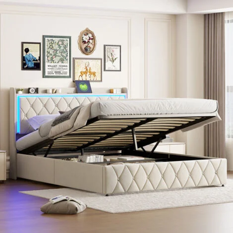 Letto contenitore 140 x 200 con rete, letto matrimoniale con LED e porte USB, letto 140x200 con rete a doghe in legno, letto per adulti, letto matrimoniale imbottito in velluto beige