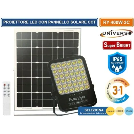 UNIVERSO RY-400W-3C FARO LED FLOODLIGHT 4400 LUMEN IP65 TEMPERATURA COLORE SELEZIONABILE CCT 3IN1 3000K 4000K 6500K CON PANNELLO SOLARE E TELECOMANDO