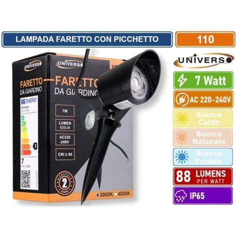 UNIVERSO 110 LAMPADA FARETTO LED DA GIARDINO CON BASE E PICCHETTO 7W COB IP65 3000K - 4000K - Colore Luce:Bianco Caldo