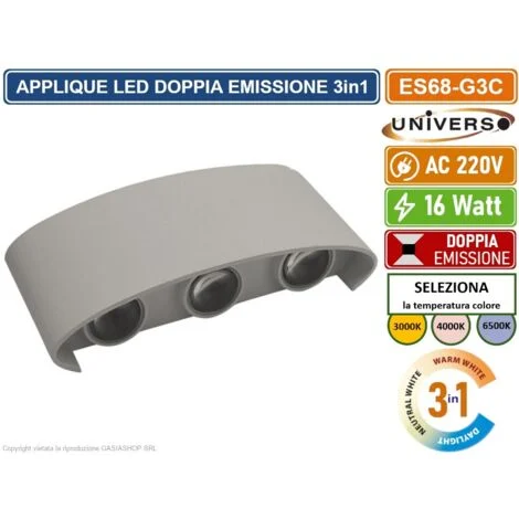 APPLIQUE LAMPADA LED DA MURO GRIGIA DOPPIA EMISSIONE LUMINOSA 16W COLORAZIONE LUCE SELEZIONABILE CCT 3000K 4000K 6500K IP65