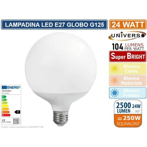 UNIVERSO G125-24W LAMPADINA LED E27 24W GLOBO G125 2500 LUMEN 3000K 4000K 6500K - Colore Luce:Bianco Caldo