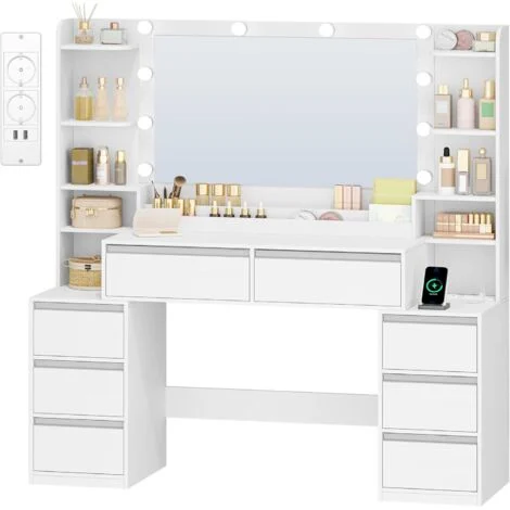 Toeletta Trucco con Specchio, Toeletta con LED e Prese, Grande Tavolo da Trucco con Supporto Per Asciugacapelli, 8 Cassetti e Ripiani Aperti, Moderno, Bianco-Argento