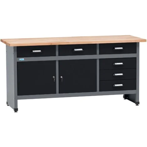 Banco da lavoro Küpper 12179, larghezza 170 cm, 6 cassetti, 2 ante, portata 300 kg, piano di lavoro in faggio massiccio da 30 mm