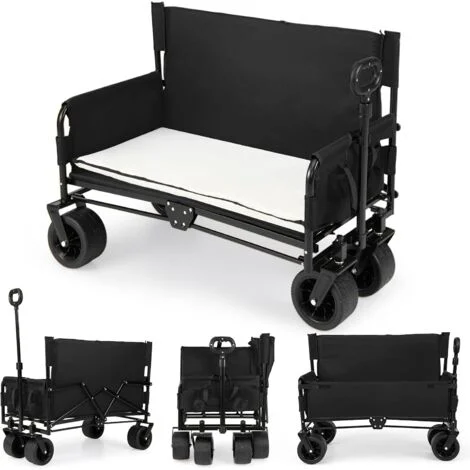 COSTWAY 2in1 Carrello Pieghevole con Panca,85L,Cuscini Morbidi e Ruote,per Spiaggia,Nero