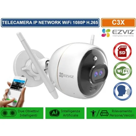 EZVIZ C3X TELECAMERA IP NETWORK WIFI 1080P INTELLIGENZA ARTIFICIALE VISIONE NOTTURNA A COLORI AUDIO BIDIREZIONALE REGISTRA SU SD CARD IP67