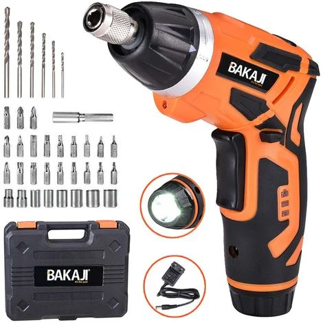 Bakaji Trapano Avvitatore Cacciavite Elettrico 3.7V 1.300mAh Batteria Ricaricabile 3,5Nm 200rpm Mandrino Magnetico Testa Girevole a 90° Luce a Led Manico con Torcia 38 Punte e Valigetta