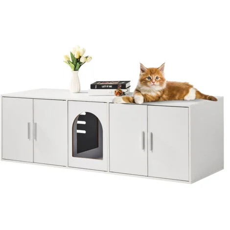 VEVOR Copertura per Lettiera per 2 Gatti, Toilette per Gatti con Camere Doppie, Armadietto in Legno per Lettiere per 2 Gatti, Mobiletto per Soggiorno Copri Lettiera Gatti 1,47x0,46x0,45 m, Bianco