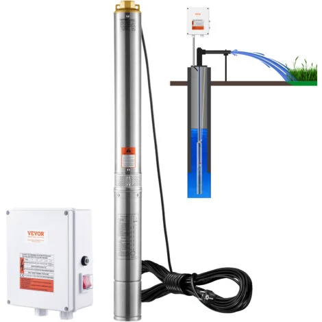 VEVOR Pompa Sommergibile per Pozzi Profondi, IP68 2200W 230 V, Massima Portata 9,8 m³/h Prevalenza 144m, Cavo Elettrico 19,4 m, Scatola Controllo Acciaio Inox Irrigazione Industriale Uso Domestico