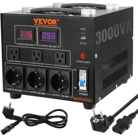 VEVOR Convertitore di Tensione Step Up/Down Portatile 110V-220V / 220V-110V Potenza da 3000VA, Trasformatore di Tensione 3000VA Portatile 270x240x215 mm 6 Spine, Convertitore di Tensione 3000VA USB 5V