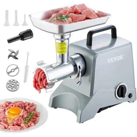 VEVOR Tritacarne Elettrico Industriale con Lama Capacita 2,27 kg/min, 575 W (800 W MAX), Piastra di Macinazione, Lama per Insaccare Salsicce e 3 Tubi, Tritacarne Alluminio 440 x 200 x 300 mm