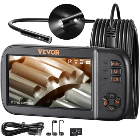 VEVOR Telecamera a Endoscopio Lente Tripla con Schermo di Controllo Batteria 2860 mAh Cavo 5m, Telecamera di Ispezione a Endoscopio Obiettivo Rotante Lente Sostituibile Risoluzione 1920x1080 Portatile