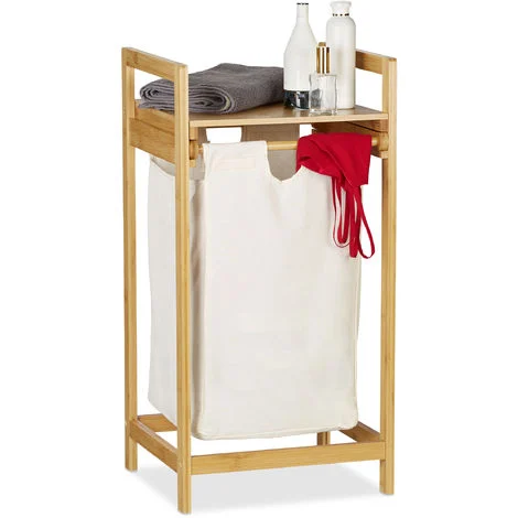 Relaxdays Portabiancheria in Bambù, Rettangolare con Ripiano, Cesto Panni Estraibile, Capacità 30 Litri, Legno Naturale