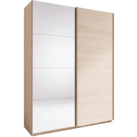 Armadio 2 Ante Scorrevoli Con Specchio 2 Appendiabiti E Ripiani Interni Design Moderno Salvaspazio Per Camera da Letto Cameretta Corridoio Cabina Armadio 180 x 57 x 220 Cm Rovere