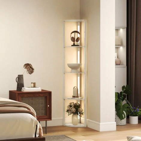 Lampada da terra a LED con ripiano angolare, dimmerabile, 4 ripiani, luce bianca calda, 41x30x164 cm, rovere