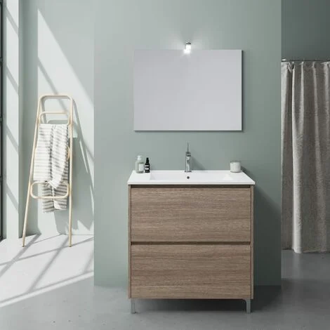 Mobile Bagno A Terra Da 80Cm Bianco Con Lavabo E Cassetti RovereLaguna
