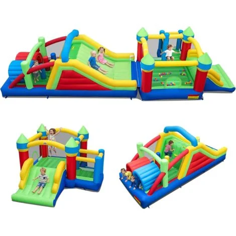 COSTWAY Castello Gonfiabile per Bambini, Parco Giochi Gonfiabile con Scivolo Lungo,3-12 Anni