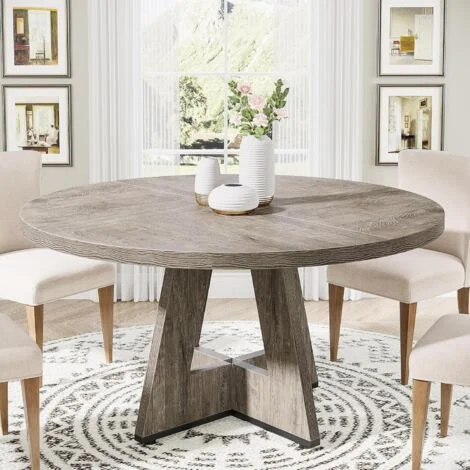 Tribesigns Tavolo da pranzo rotondo in legno per sala da pranzo, tavolo da cucina per 4 adulti, tavolo da pranzo rustico con piano in legno e base a croce, grigio rustico