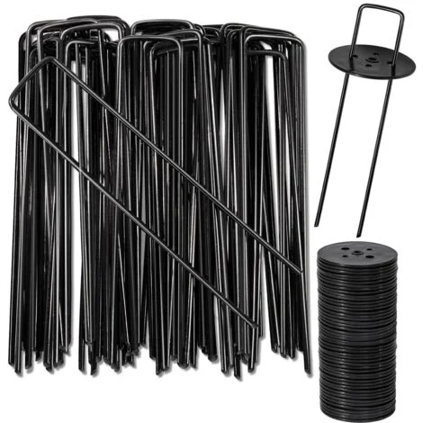Pali di Fissaggio in Acciaio al Carbonio per Giardino, 40 Neri + 40 Rondelle Nere, Picchetti per Prato Artificiale, Recinzione, Telone, Erba, H150mm, L25mm, Ø2,8 mm