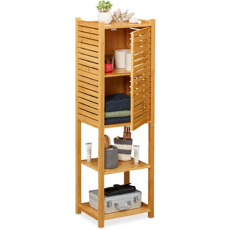 Relaxdays Mobile Bagno Colonna in Bambù, 5 Ripiani & Armadietto con Anta, Cucina, Scaffale, 113 x 35 x 29 cm, naturale