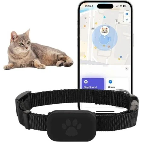Localizzatore GPS per gatti - Nessun abbonamento richiesto - Compatibile con iOS/Android - Impermeabile IP67 - Batteria CR2032 (1 anno o più) - Collare in nylon regolabile - Nero
