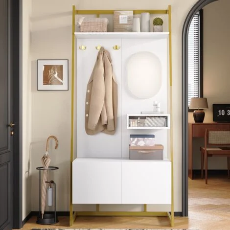 Set mobili da ingresso 180 cm - Con specchio, attaccapanni in metallo, appendiabiti e panchina porta scarpe, Set mobili ingresso, Bianco