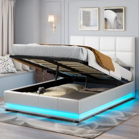 Letto contenitore matrimoniale 140x190 cm,Letto imbottito con testiera illuminata a LED, giroletto con contenitore, rete a doghe, letto adulto, similpelle - Bianco