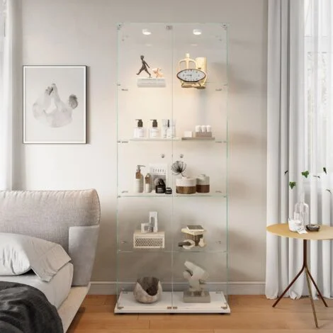 Vetrina espositiva in vetro - Vetrina da collezione con 5 ripiani, striscia LED touch, base in metallo, vetrina autonoma, Bianco