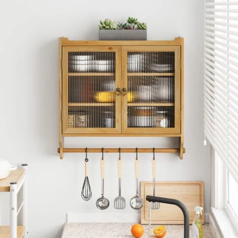 Pensili cucina 63 cm con doppio portello in vetro - Con tre livelli di ripiano e porta-asciugamani, per bagno cucina o sala da pranzo - Naturale
