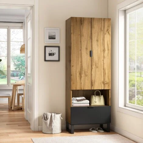 Meuble d'entrée avec Armoire-penderie 1 pièce, 1 tiroir, un compartiment avec étagères réglables, avec tringle à vêtements 180x65x38cm - Naturelle