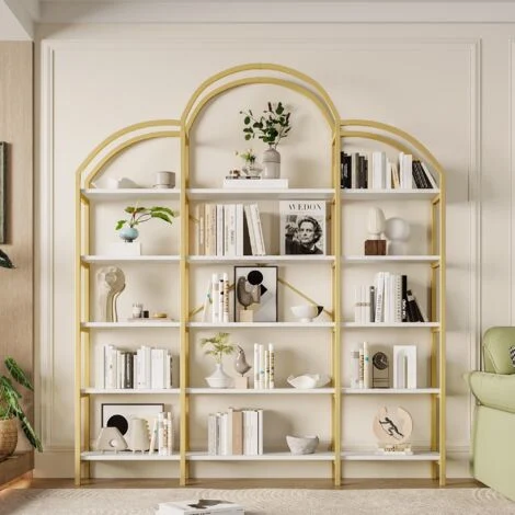 Libreria in metallo, 5 livelli di archiviazione, forma a nuvola, ripiani in legno, 170x26x190cm, design moderno, Oro