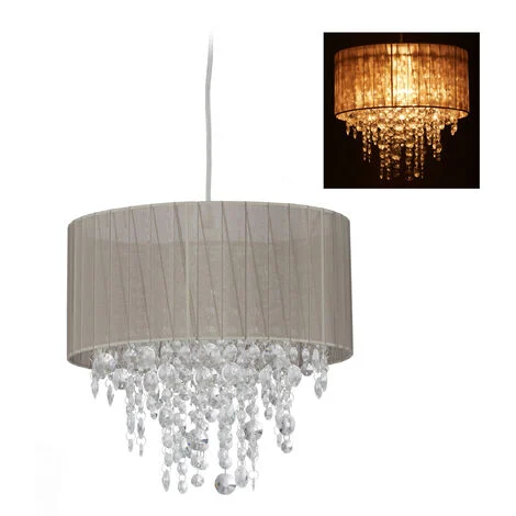 Relaxdays Lampadario in Cristallo, Paralume in Organza, E27, Salotto, Lampada da Soffitto, HxD 129x32 cm, grigio/argento