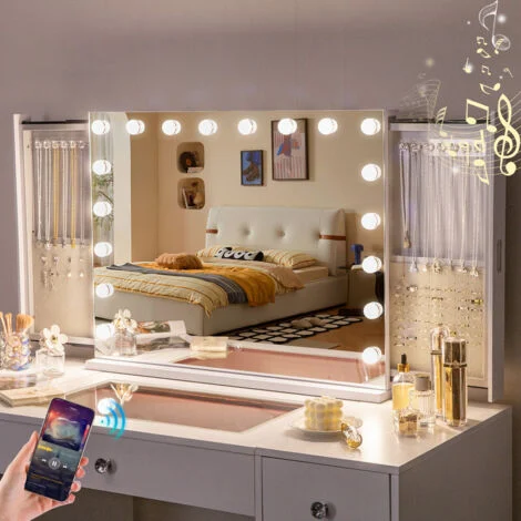 FENCHILIN Specchio da trucco con portagioie,compatibile con Bluetooth,specchio con illuminazione a LED,dotato di specchio Hollywood con 18 lampadine,80 x 60cm,bianco