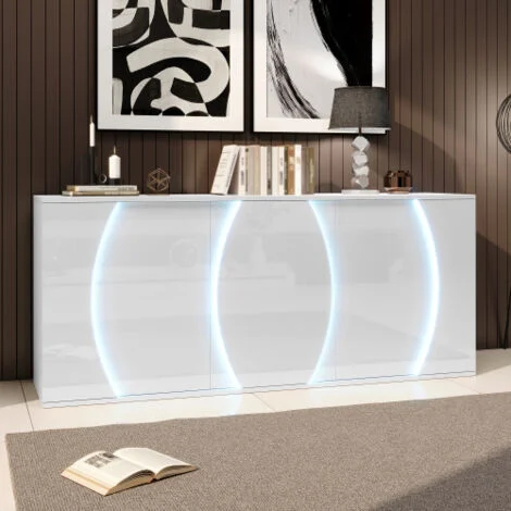 Buffet da salotto con tre ante, mobile contenitore con ante LED, bianco, in pannelli truciolari, 150x40x70 cm
