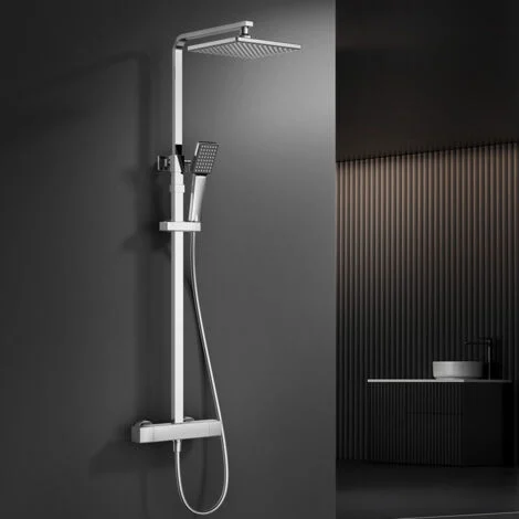 Sistema doccia con termostato cromato, miscelatore in acciaio inox, soffione a pioggia, asta doccia regolabile, set completo doccia per bagno moderno