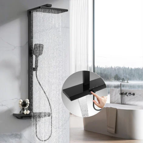Duschsystem con termostato, Duschsäule nera con doccia a pioggia 30cm, 3 getti, miscelatore, set completo con doccetta e tubo flessibile
