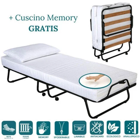 EVERGREENWEB - Brandina Pieghevole con Materasso Memory Foam 80x190 Alto 12 cm + Cuscino Gratis, Rivestimento Sfoderabile Rete Singola a Doghe Legno Ortopedica, Letto Salvaspazio Offerta
