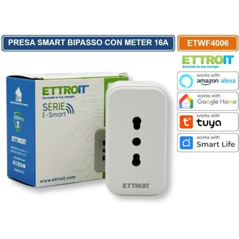 ETTROIT ETWF4006 PRESA SMART WI-FI BIPASSO 16A CON POWER METER COMPATIBILE CON AMAZON ALEXA E GOOGLE HOME