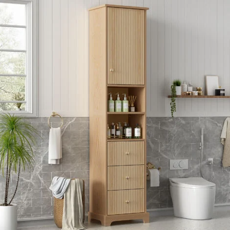 Mobiletto da bagno 40x30x172 cm con 3 cassetti, 1 anta e 2 ripiani, in MDF color legno naturale.