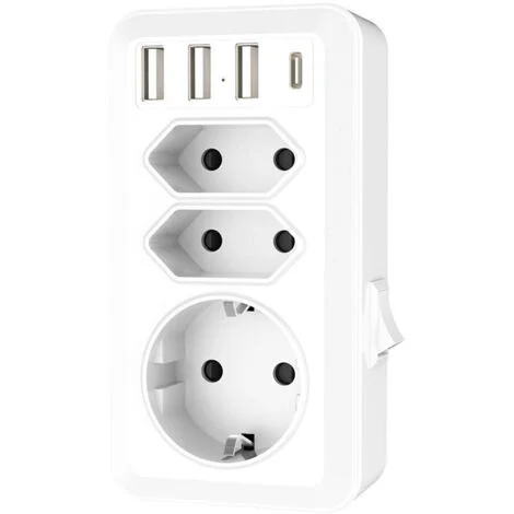 Presa Vtizikl USB, presa multipla 7 in 1 con 3 porte USB e 1 porta Type-C, adattatore multipresa a 3 vie con caricabatterie USB (2 prese Euro e 1 Schuko) per telefono, computer.