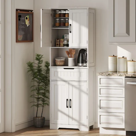 Credenza Cucina Alta, Mobile Dispensa con Foro Passacavi e Piano Portamicroonde, Mobile Cucina con 2 Armadietti, Cassetto, Ripiani Regolabili, per Sala da Pranzo, Soggiorno, 60x30x172cm, Bianco