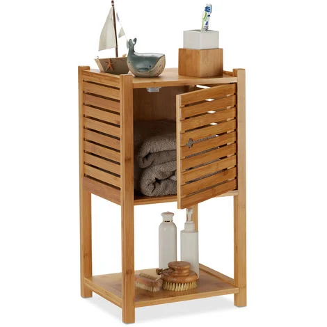 Relaxdays Mobile Bagno Colonna in Bambù, 2 Ripiani & 1 Armadietto con Anta, Cucina, Scaffale, 62,5x35x29 cm, naturale