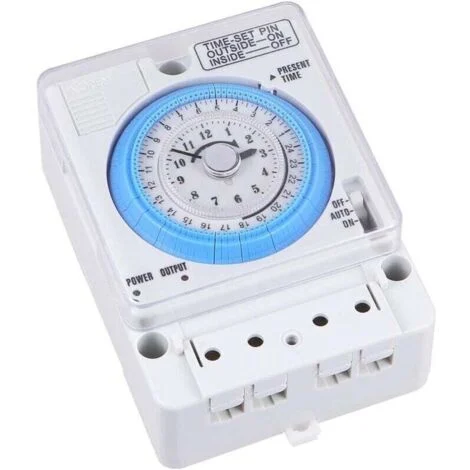 Timer meccanico 12 V CA/CC, corrente 16 A, tensione 250 V CA. Facile installazione per uso in cucina e all'aperto. Compatto e preciso.
