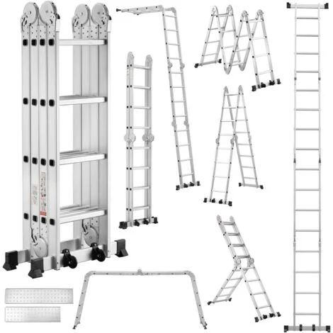 TEENO 4,7 m Scala Multifunzione 7 in 1, 4 x 4 Gradini Scala Trasformabile 20 Gradini, Scala Pieghevole in Alluminio con 2 Piattaforme, Piedini in Gomma, 2 Ruote Rimovibili, Carico 150 kg, Argento