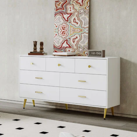 Credenza con 7 Cassetti, Maniglie e 5 Gambe in Metallo, per Sala da Pranzo o Soggiorno, Bianca, 140 × 35 × 76 cm