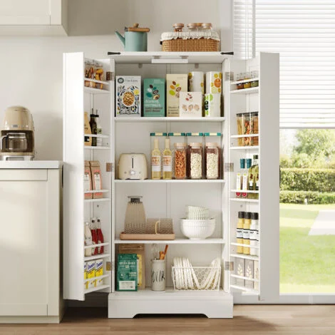 Credenza da cucina alta con 2 ante, ripiani regolabili e LED automatica, per cucina, MDF, Bianco, 60 x 35 x 128.5 cm