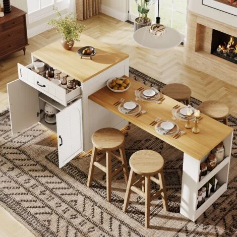 Isola da Cucina con 4 Ante, 2 Cassetti, Ripiano Aperto, Portabottiglie e Tavolo Estensibile, MDF, 80 x 70 x 95.5 cm