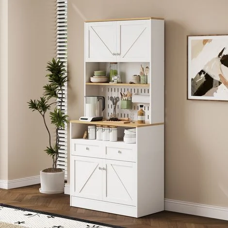 Credenza 80x40x175 cm, con Porta Fienile, 2 Cassetti e 4 Ante, MDF, Bianco, per Ristorante e Cucina