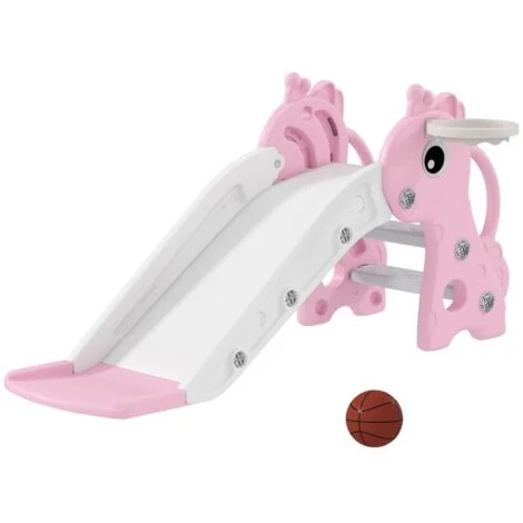 Scivolo per bambini 3 in 1, a forma di giraffa, con canestro e palla da basket, rosa
