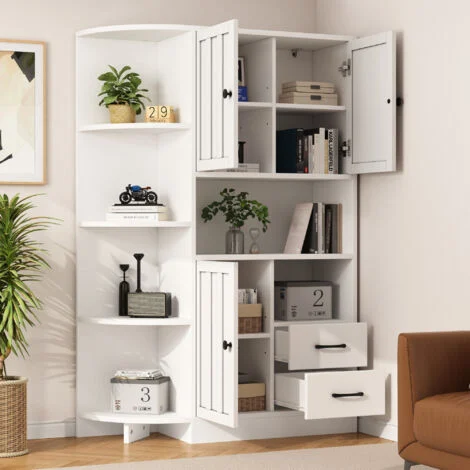 Vetrina Angolare Libreria con 3 Ante, 2 Cassetti e 6 Vani Aperti, per Soggiorno, Pannello di Truciolare, 104 x 35 x 155 cm