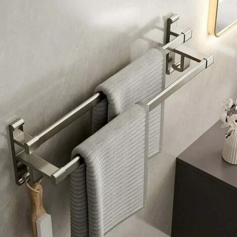 Portasciugamani da bagno Ulisem, senza fori, portasciugamani a doppio braccio, portasciugamani da bagno in alluminio a doppio spazio, portasciugamani autoadesivo, grigio metallizzato